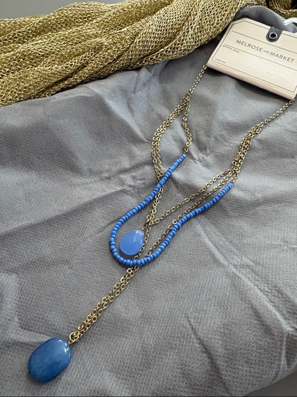 Melrose & Market Gold-Tone Layered Necklace Bright Blue Beads Large Pendant NEW